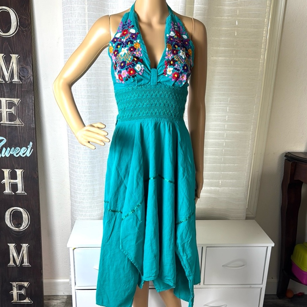 Turquoise Floral Embroidered Halter Dress
